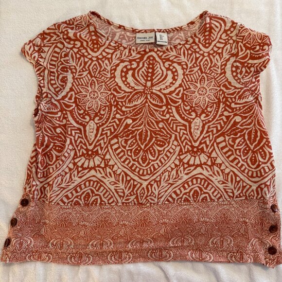 Rachel Zoe Boxy Linen Cropped Terracotta‎ Patterned Shirt Women's L - Picture 2 of 5